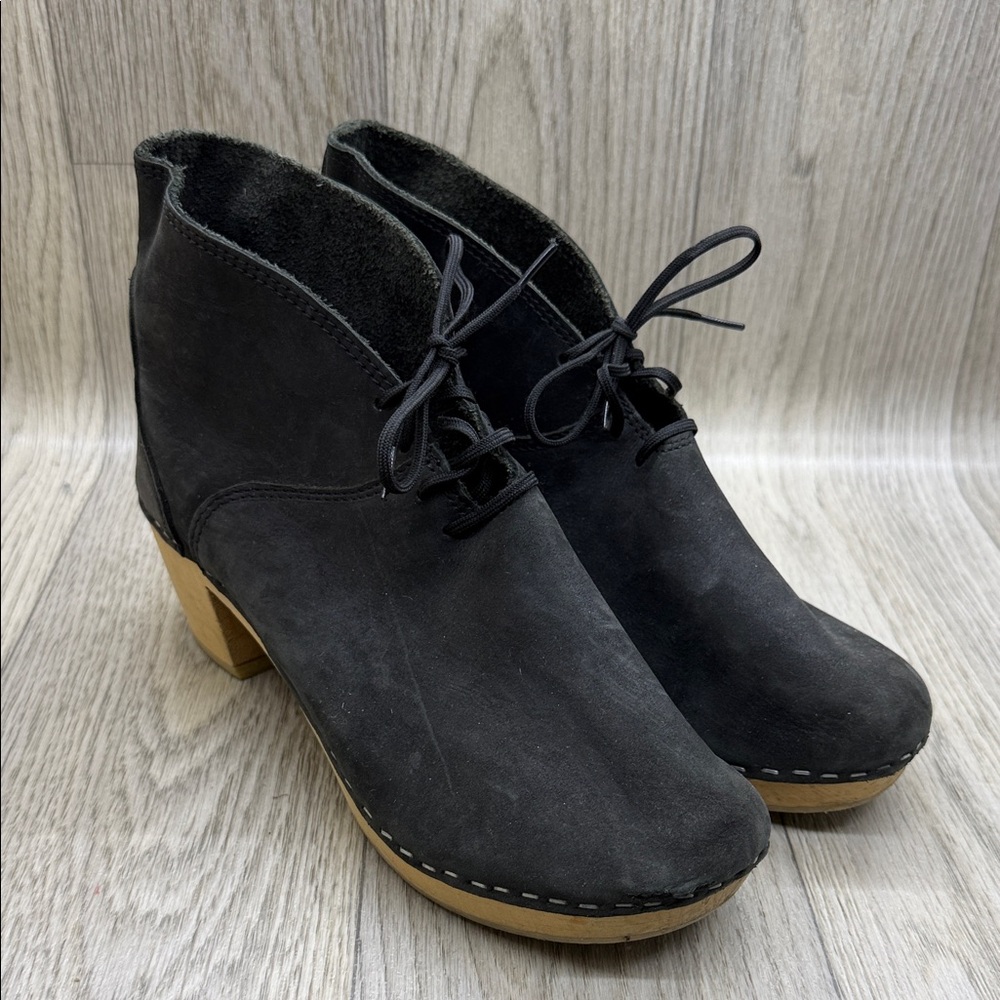 Nina Black Suede Mules with Tan Wooden Heel